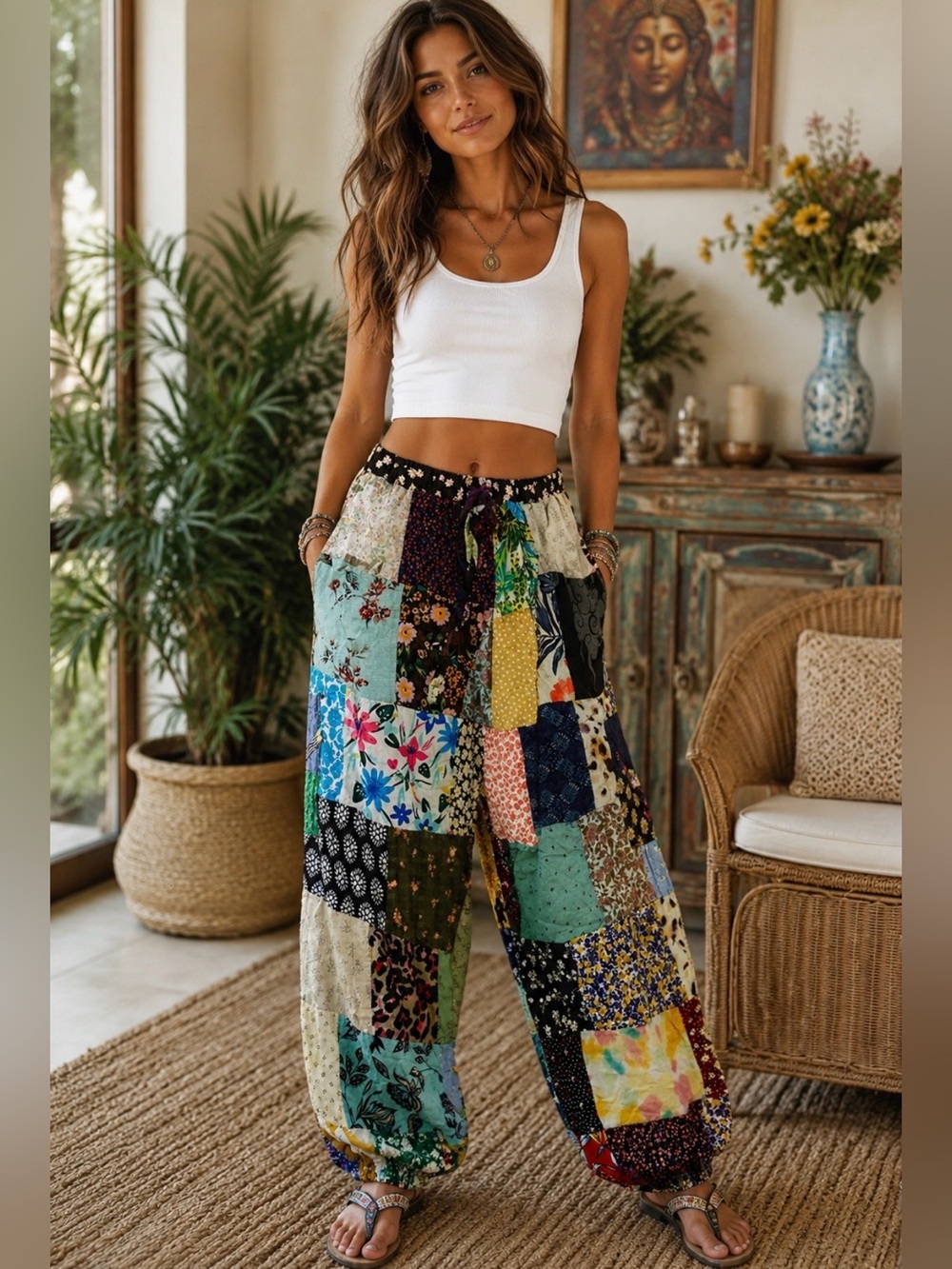 NWOT Bohemian Patchwork Wide-Leg Joggers -Multicolor